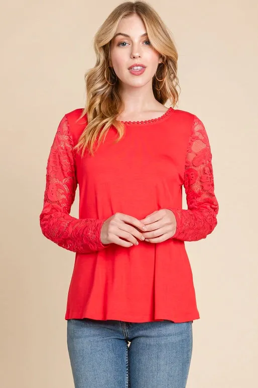 Plus Size Lace Mesh Sleeves Top-Coral