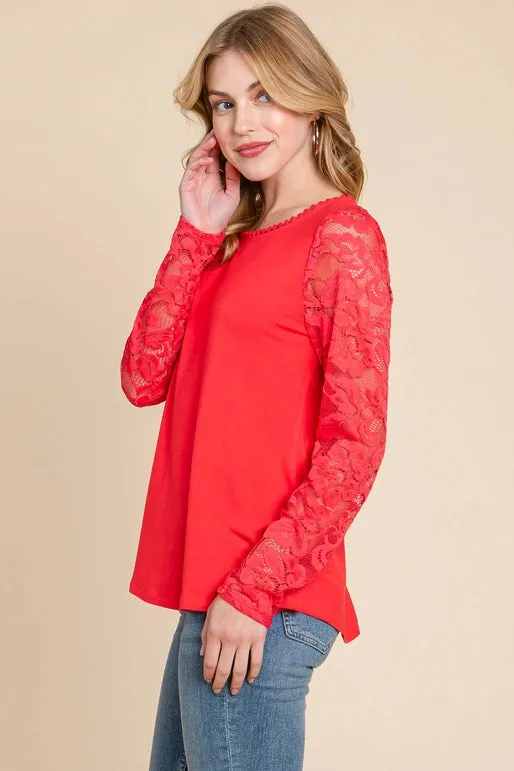 Plus Size Lace Mesh Sleeves Top-Coral