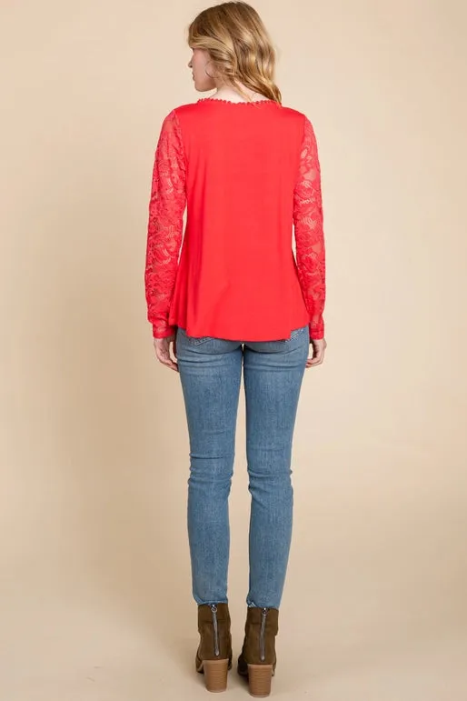 Plus Size Lace Mesh Sleeves Top-Coral