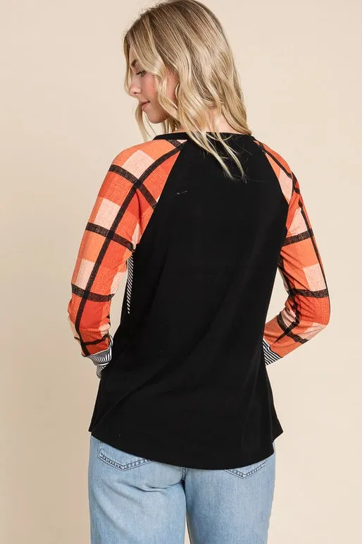 Plus Size Plaid and Stripe Contrast Top-Rust