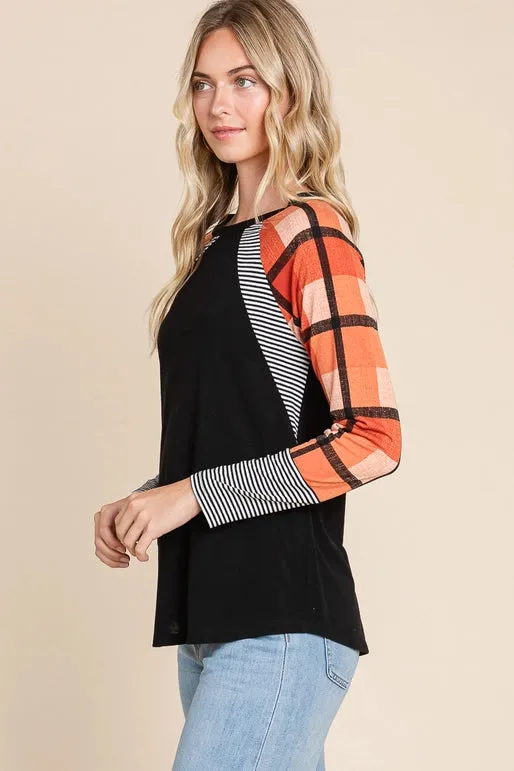 Plus Size Plaid and Stripe Contrast Top-Rust