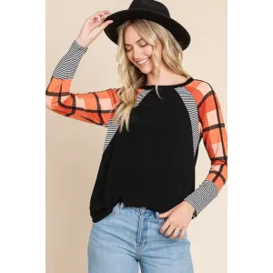 Plus Size Plaid and Stripe Contrast Top-Rust