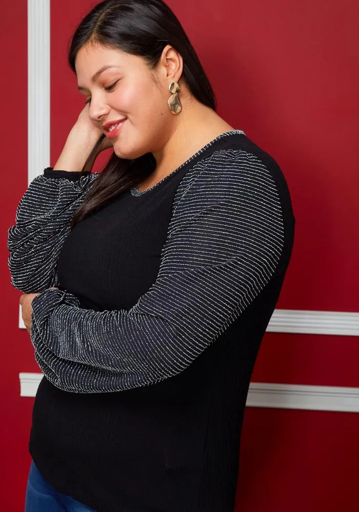 Plus Size Ribbed Round Neck Holiday Top