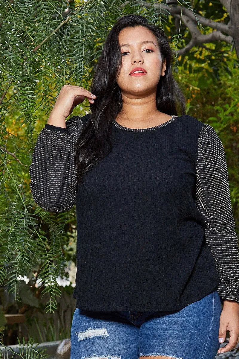 Plus Size Ribbed Round Neck Holiday Top