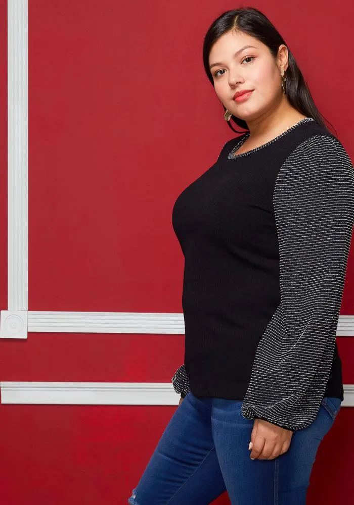 Plus Size Ribbed Round Neck Holiday Top