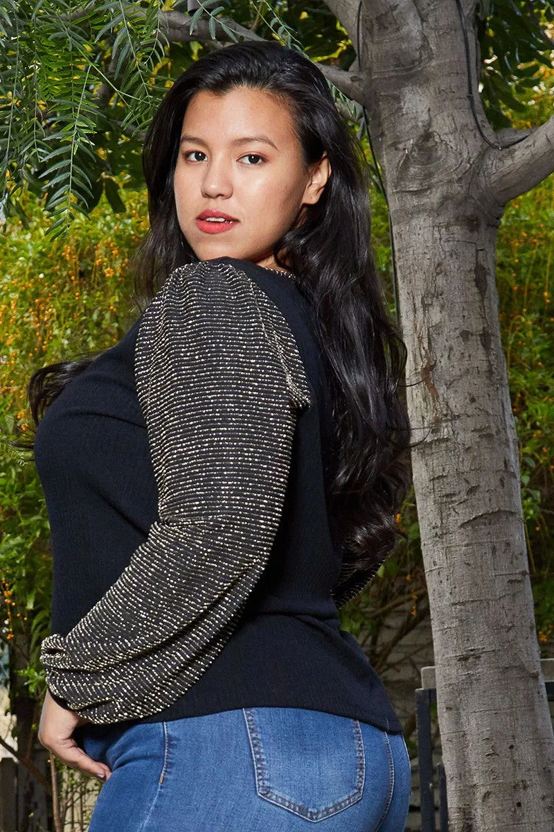 Plus Size Ribbed Round Neck Holiday Top