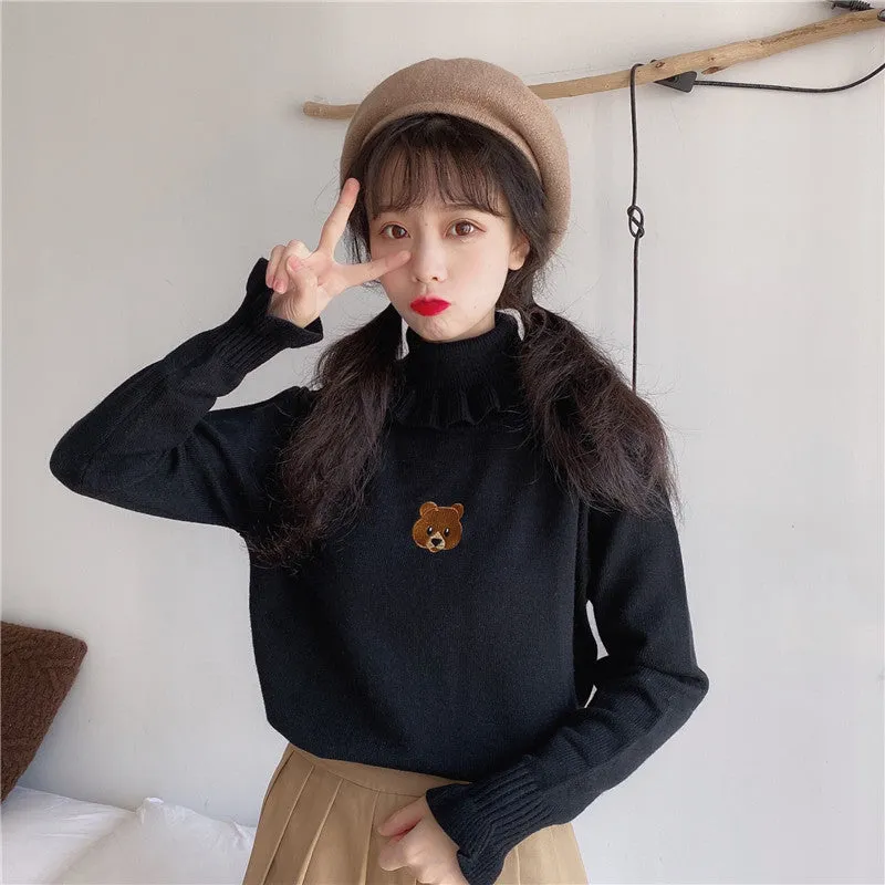 "CUTE LITTLE BEAR RUFFLED" TURTLENECK SWEATER K110510