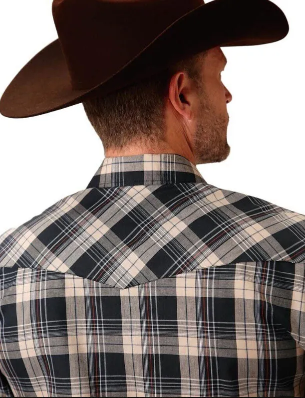 Roper Men's Woven Plaid Navy/Brown/Cream Snap Shirt