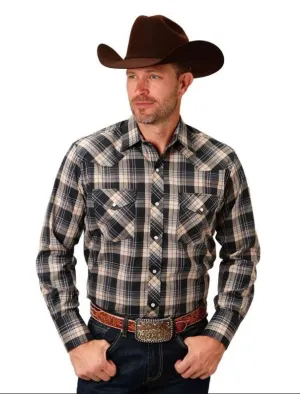 Roper Men's Woven Plaid Navy/Brown/Cream Snap Shirt