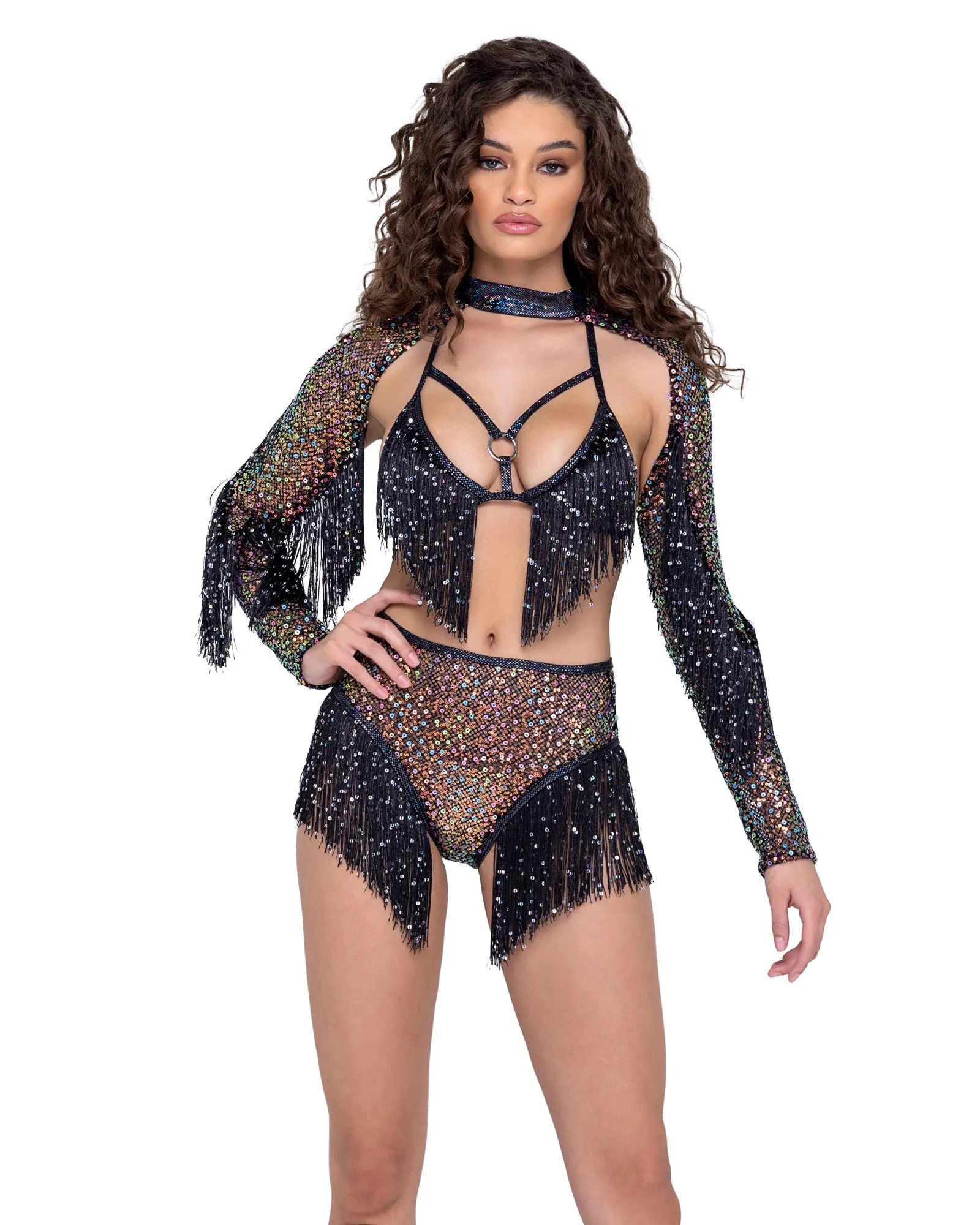 Sequin Fishnet High Waisted Shorts with Sequin Fringe Detail