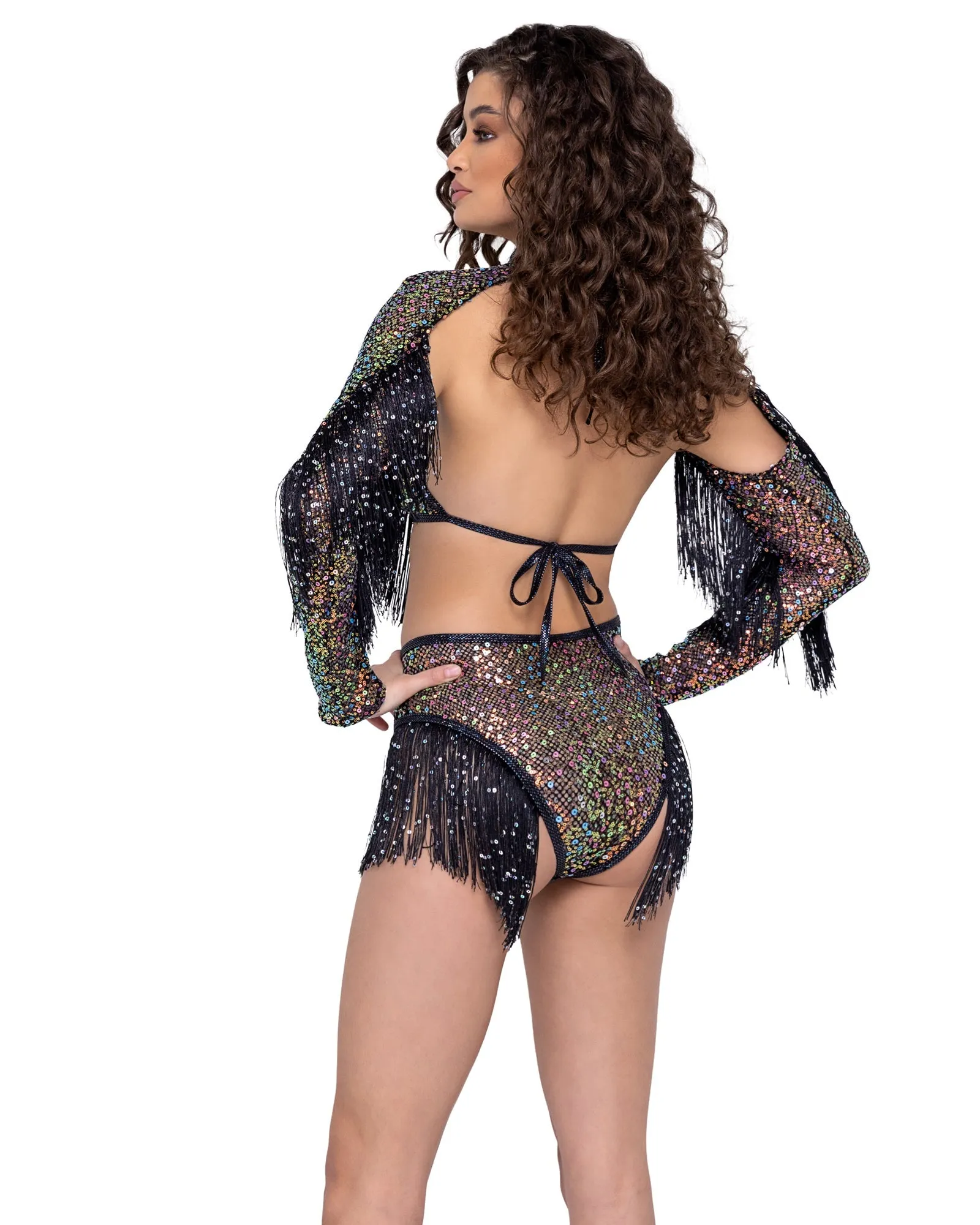 Sequin Fishnet High Waisted Shorts with Sequin Fringe Detail