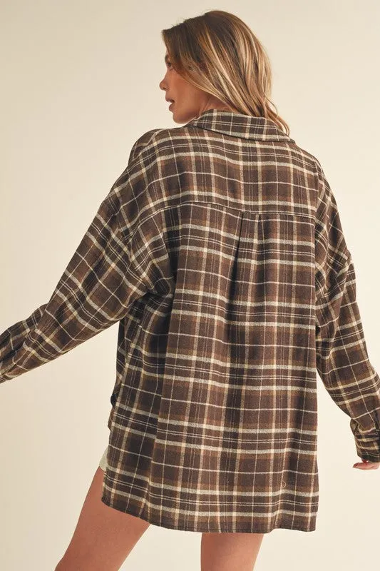 Side Slit High-Low Plaid Long Sleeve Polo Shirt