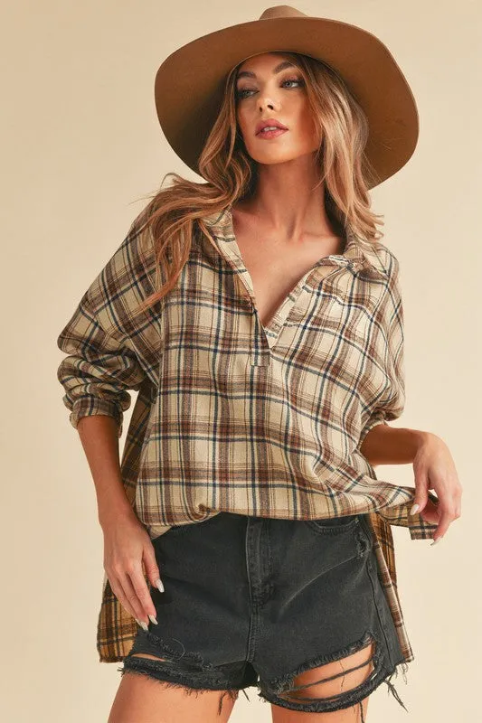 Side Slit High-Low Plaid Long Sleeve Polo Shirt