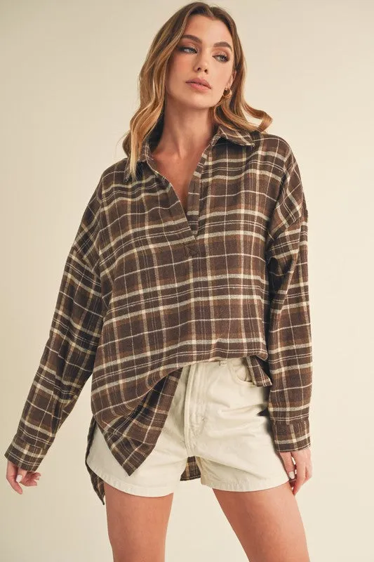 Side Slit High-Low Plaid Long Sleeve Polo Shirt