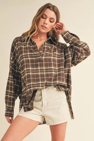 Side Slit High-Low Plaid Long Sleeve Polo Shirt