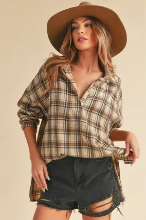 Side Slit High-Low Plaid Long Sleeve Polo Shirt