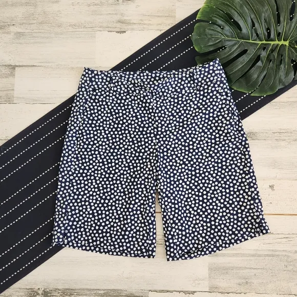 Spanx Sunshine Shorts 10&quot; Bermuda Navy Blue Painted Polka Dot Medium