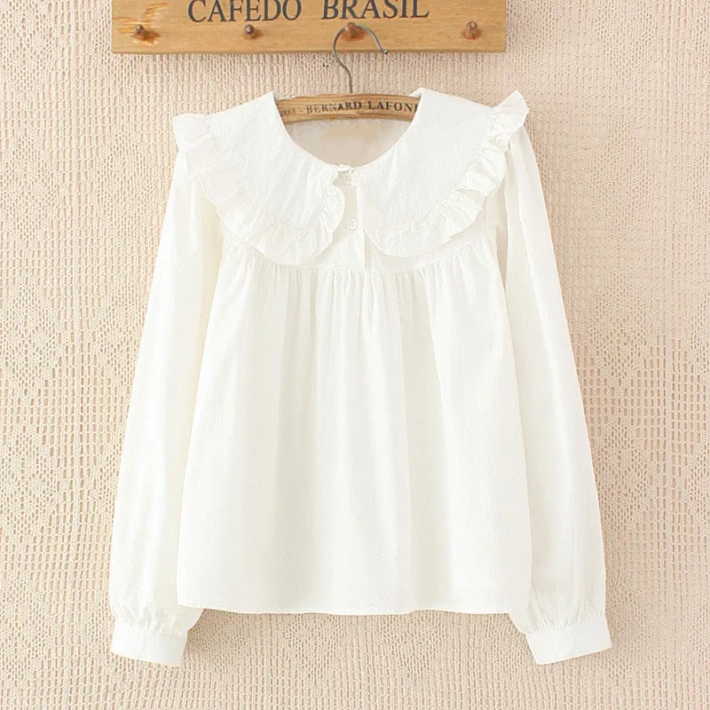 Spring Plaid Peter Pan Collar Cotton Blouse with Ruffles