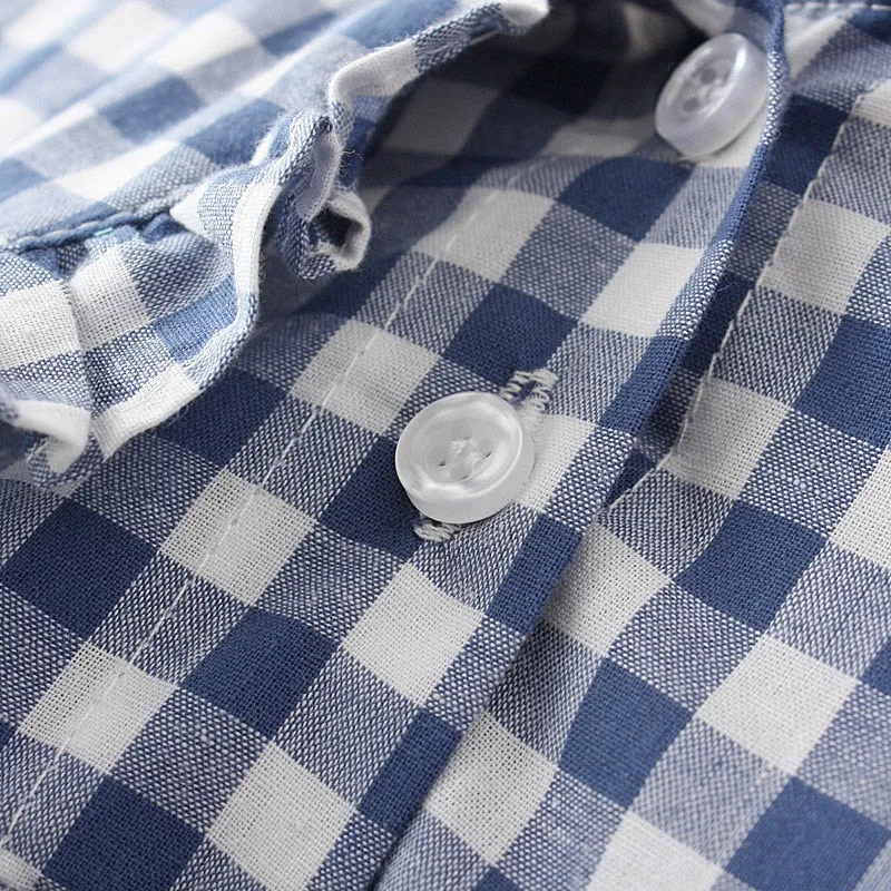 Spring Plaid Peter Pan Collar Cotton Blouse with Ruffles