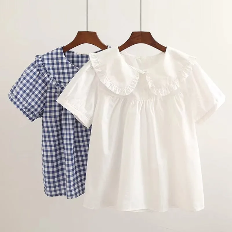 Spring Plaid Peter Pan Collar Cotton Blouse with Ruffles