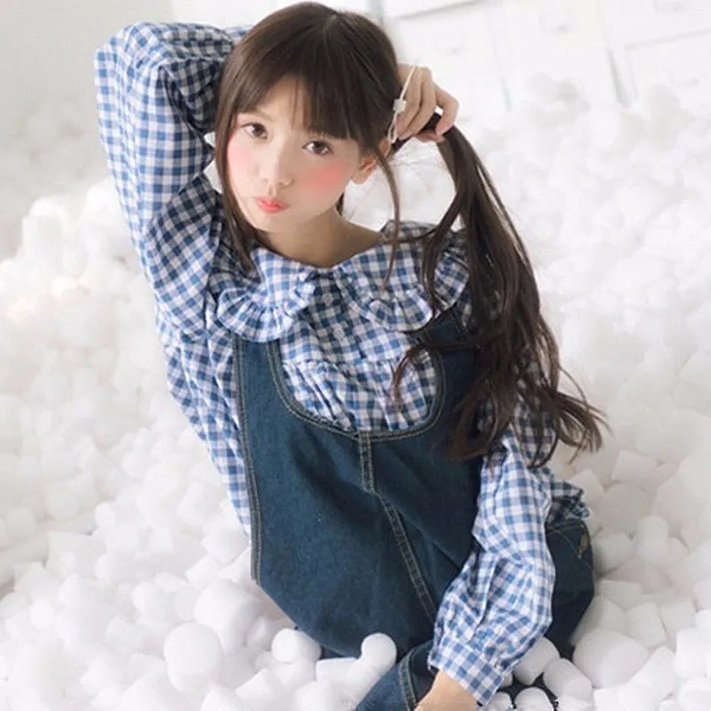 Spring Plaid Peter Pan Collar Cotton Blouse with Ruffles