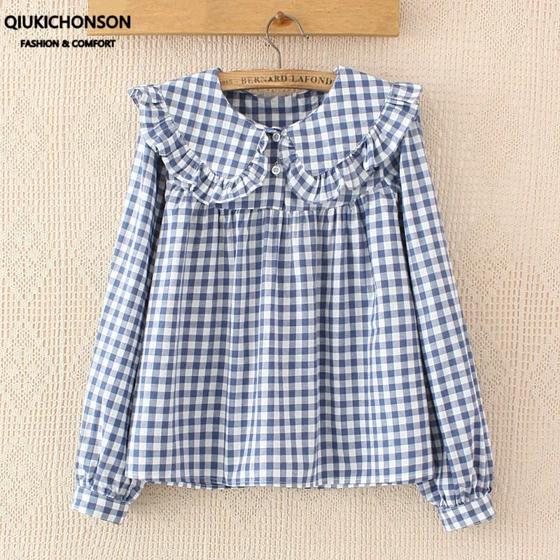 Spring Plaid Peter Pan Collar Cotton Blouse with Ruffles