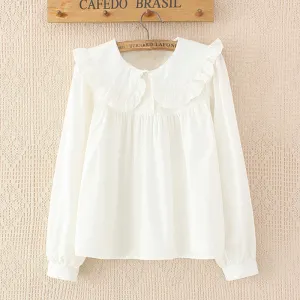 Spring Plaid Peter Pan Collar Cotton Blouse with Ruffles