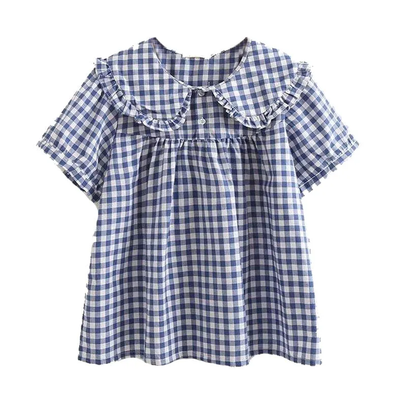 Spring Plaid Peter Pan Collar Cotton Blouse with Ruffles
