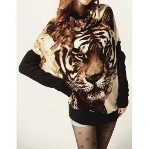Stylish Jewel Neck Long Batwing Sleeve Tiger Pattern Women's Sweater - Apricot One Size(fit Size Xs To M)