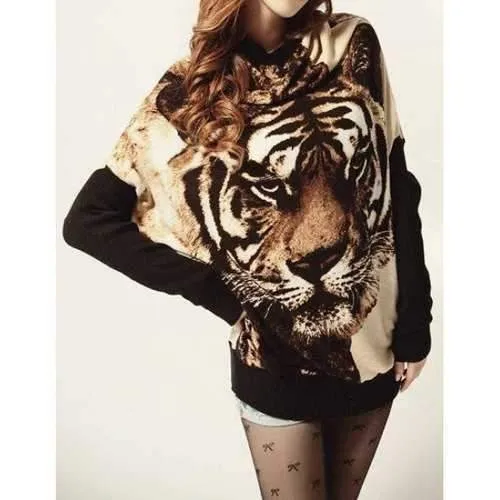 Stylish Jewel Neck Long Batwing Sleeve Tiger Pattern Women's Sweater - Apricot One Size(fit Size Xs To M)