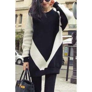 Stylish Jewel Neck Long Sleeve Color Splicing Sweater For Women - White And Black One Size(fit Size Xs To M)