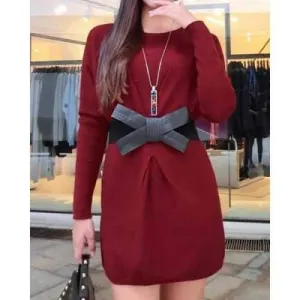 Stylish Round Neck Solid Color With Belt Long Sleeve Women's Sweater - Wine Red One Size(fit Size Xs To M)