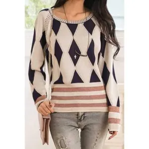 Stylish Scoop Neck Diamond Check Long Sleeve Women's Sweater - Blue One Size(fit Size Xs To M)