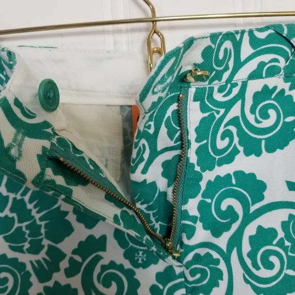 Tory Burch Teal Gabriel Shorts Women Floral Vine Printed Cotton Shorts Size 6