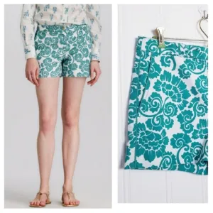 Tory Burch Teal Gabriel Shorts Women Floral Vine Printed Cotton Shorts Size 6