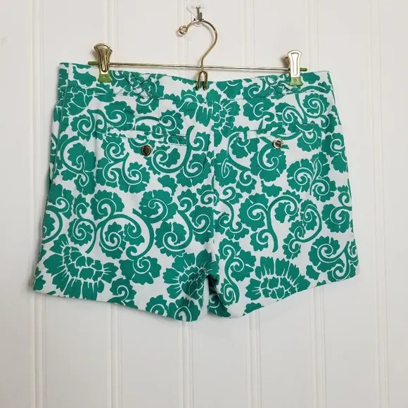 Tory Burch Teal Gabriel Shorts Women Floral Vine Printed Cotton Shorts Size 6