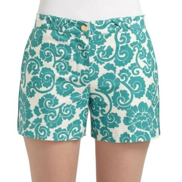 Tory Burch Teal Gabriel Shorts Women Floral Vine Printed Cotton Shorts Size 6