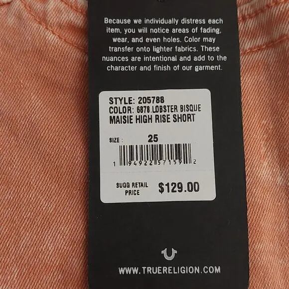 True Religion Brand Jeans Maisie High Rise Shorts Salmon Bisque NWT $129