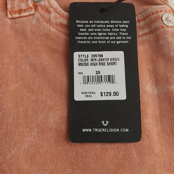 True Religion Brand Jeans Maisie High Rise Shorts Salmon Bisque NWT $129