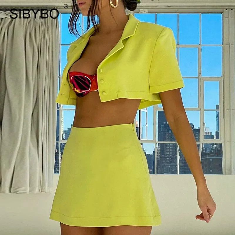 Two Piece Set Blazer Outfits Women Turn-down Collar Tops And Skirts