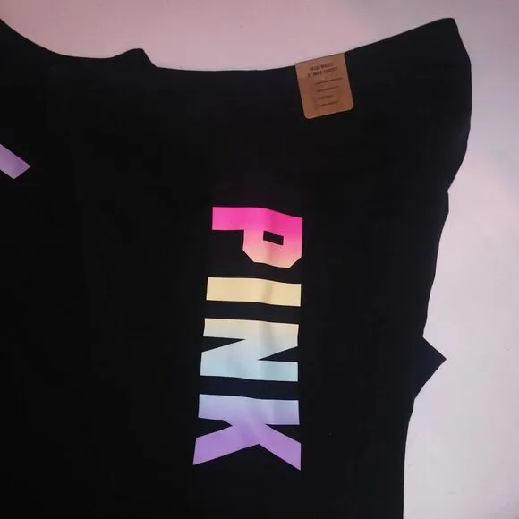 Victoria Secret PINK Set Bike Shorts &amp; Tank Top XL Black Colorful Logo High Wais