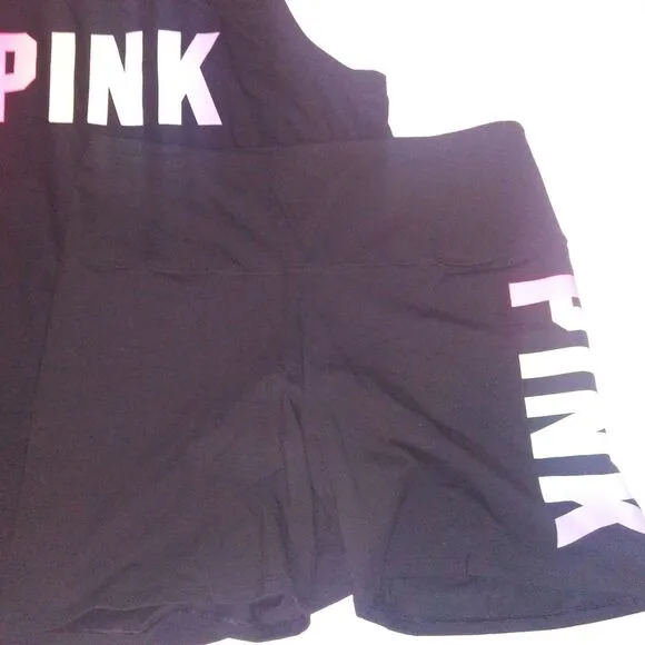 Victoria Secret PINK Set Bike Shorts &amp; Tank Top XL Black Colorful Logo High Wais