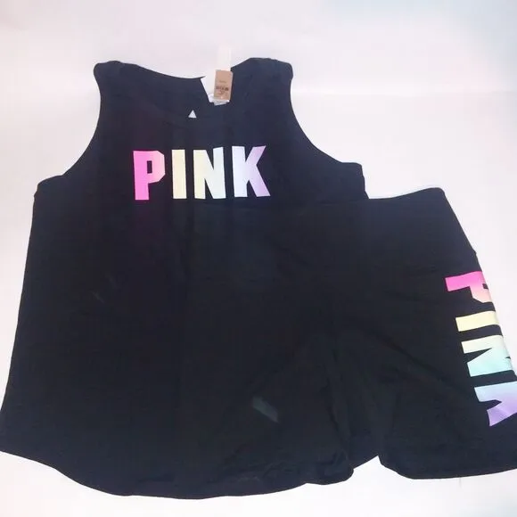 Victoria Secret PINK Set Bike Shorts &amp; Tank Top XL Black Colorful Logo High Wais