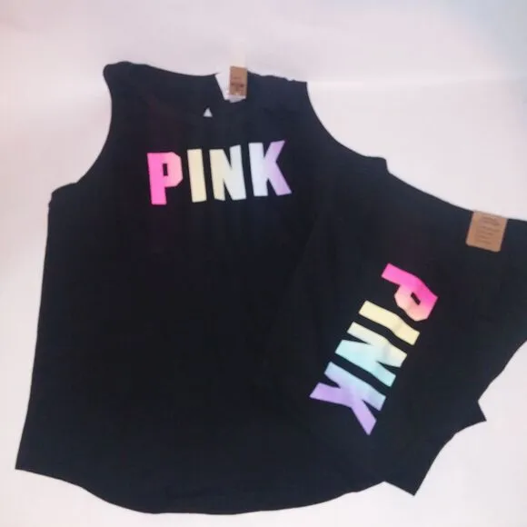 Victoria Secret PINK Set Bike Shorts &amp; Tank Top XL Black Colorful Logo High Wais