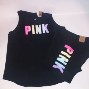 Victoria Secret PINK Set Bike Shorts &amp; Tank Top XL Black Colorful Logo High Wais