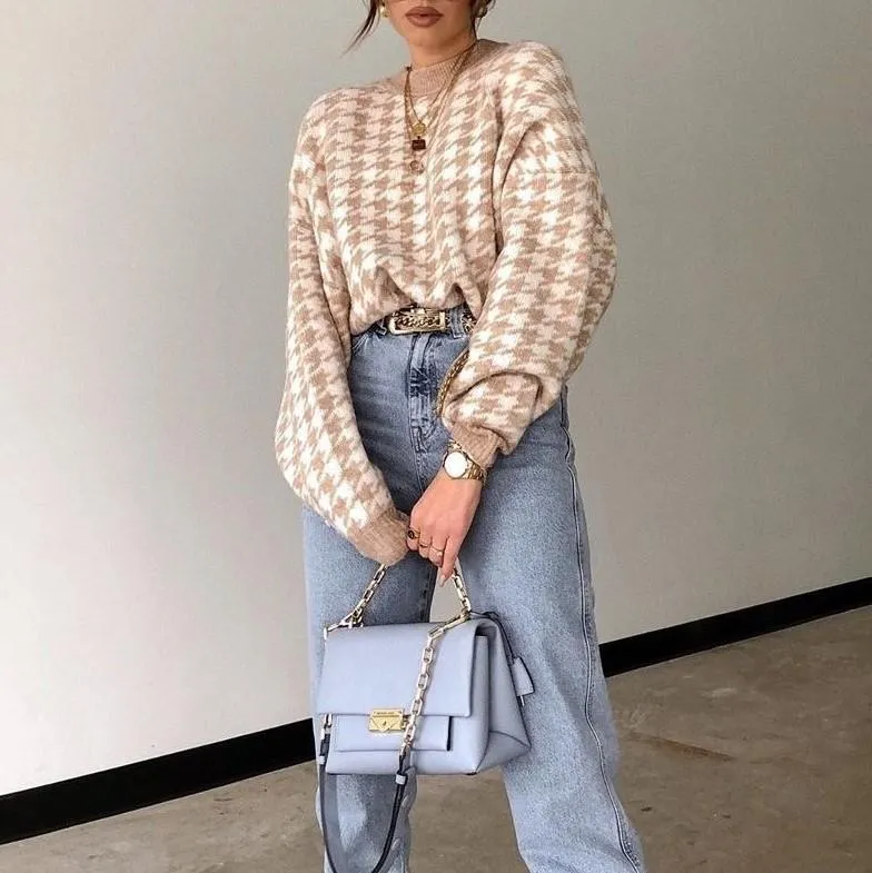 Vintage Women Plaid Knitting Hoody Sweaters