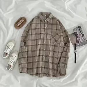 Vintage Women's Plaid Shirt Autumn/Winter Long Sleeve Oversized Button Up Tops Loose Casual Shirts