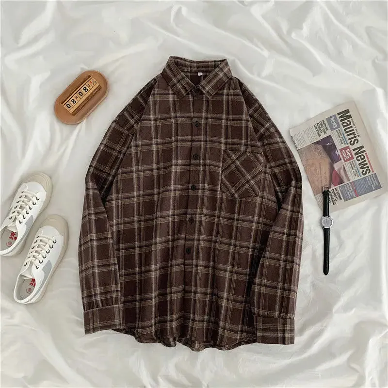 Vintage Women's Plaid Shirt Autumn/Winter Long Sleeve Oversized Button Up Tops Loose Casual Shirts