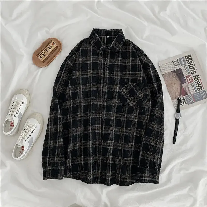 Vintage Women's Plaid Shirt Autumn/Winter Long Sleeve Oversized Button Up Tops Loose Casual Shirts