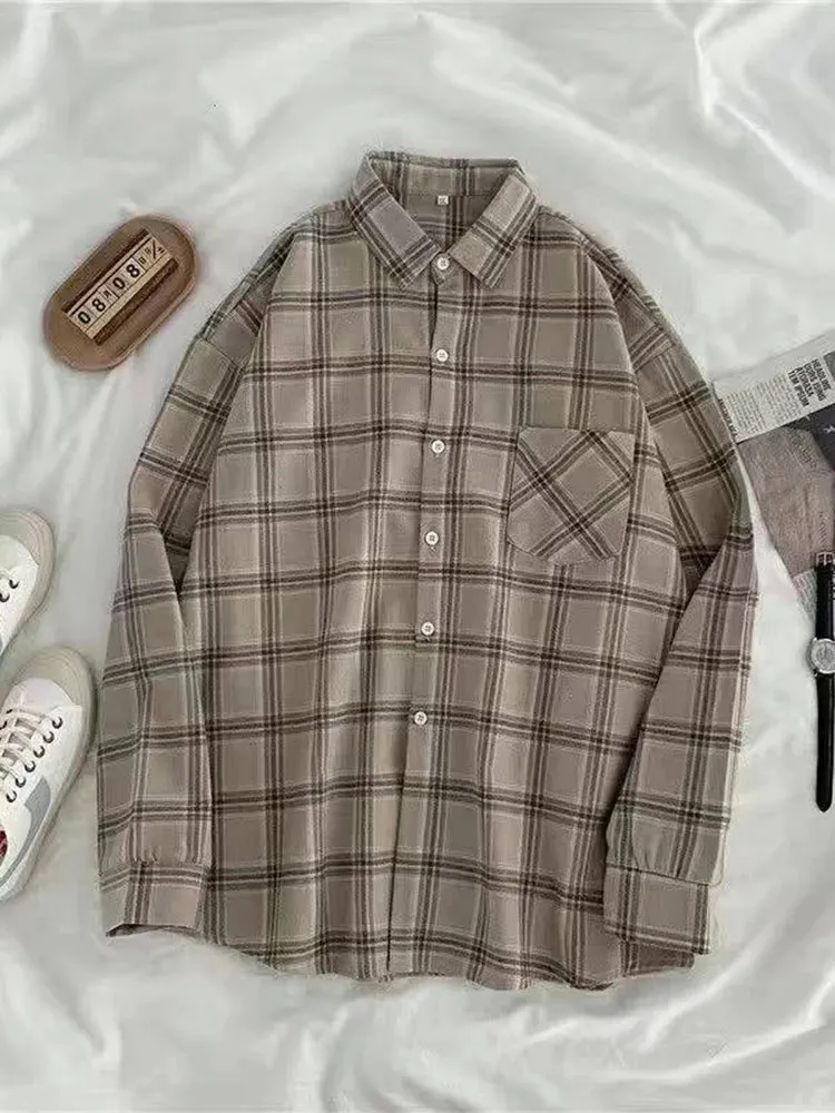 Vintage Women's Plaid Shirt Autumn/Winter Long Sleeve Oversized Button Up Tops Loose Casual Shirts